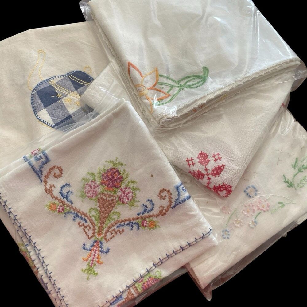 Vintage Lot 5 Embroidered Tablecloths Cutter Crafts Farmhouse Chic